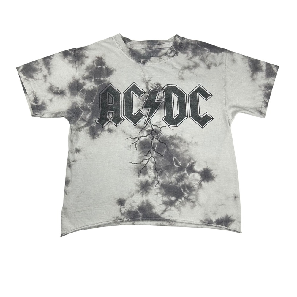 ACDC Graphic Band Tee Grey Tie Dye Lightning Bolt Cropped T-Shirt Small